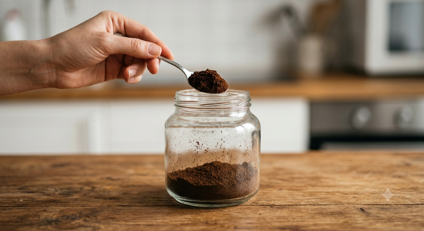 透明なガラス瓶にスプーンで細挽きのコーヒー粉(20g)を直接入れている様子