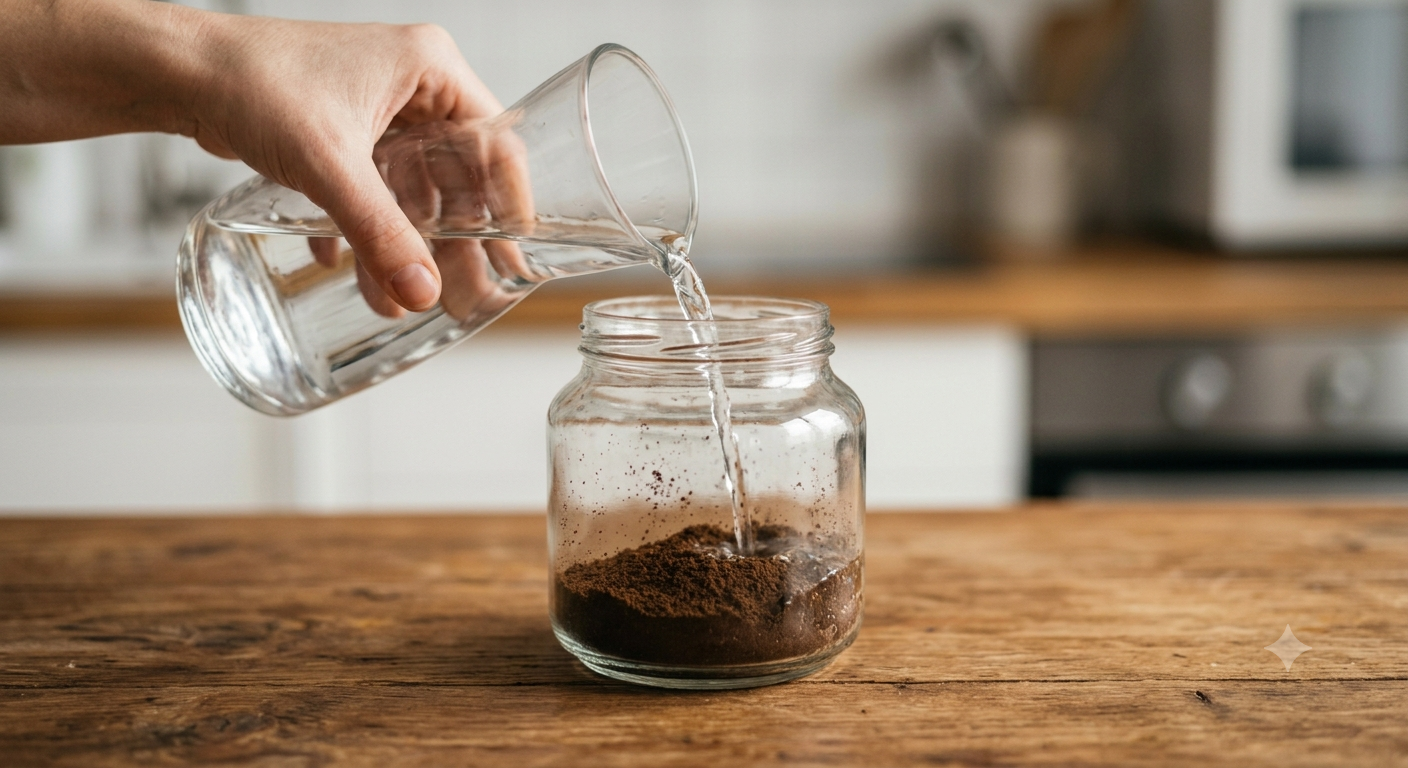 コーヒー粉の入ったガラス瓶に、カラフェから常温の水(250ml)をゆっくりと注いでいる様子