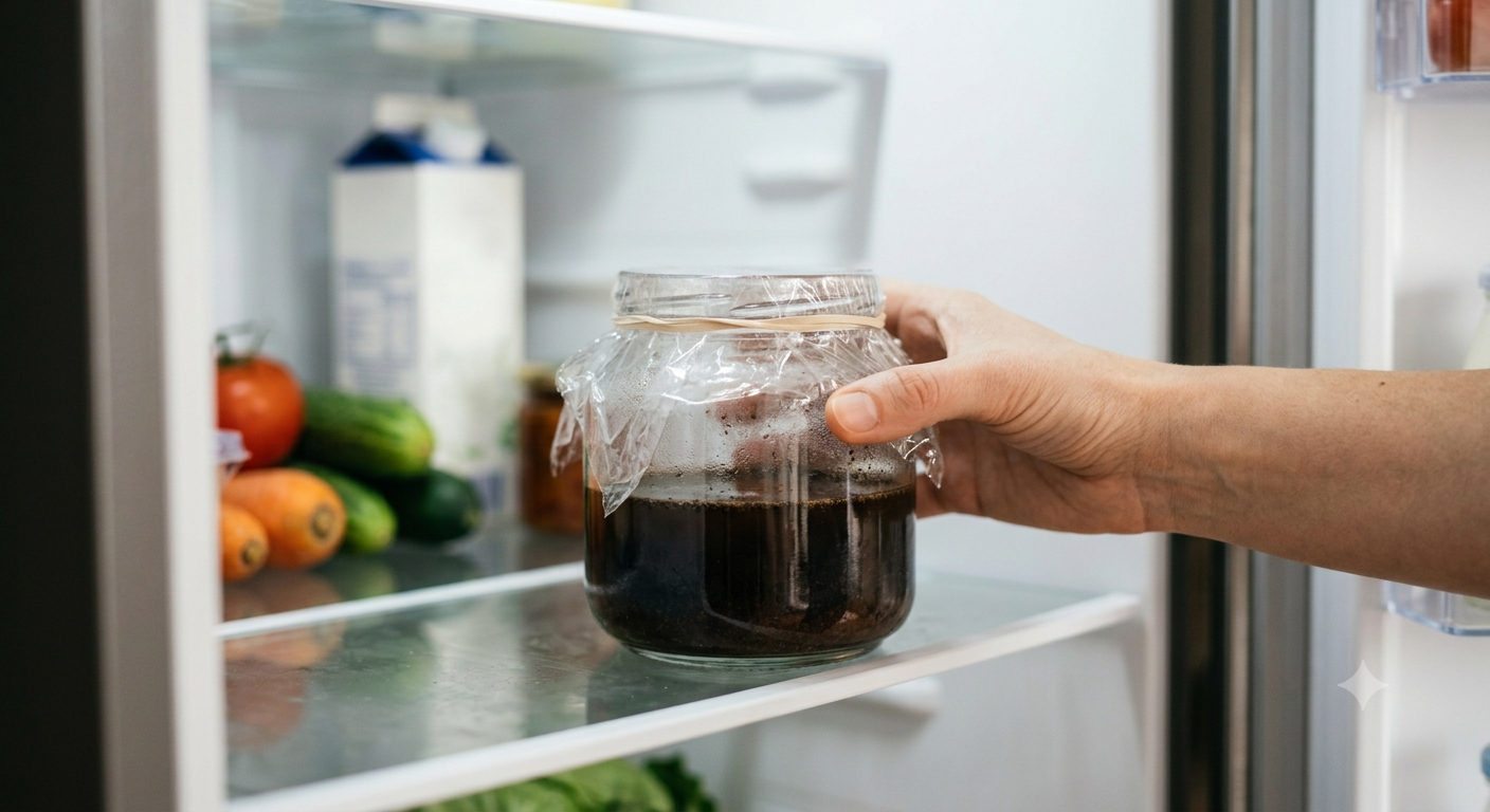 食品のニオイ移りを防ぐためにラップでしっかりと密閉したガラス瓶を、冷蔵庫の中に入れてじっくり冷やしながら漬け込んでいる様子