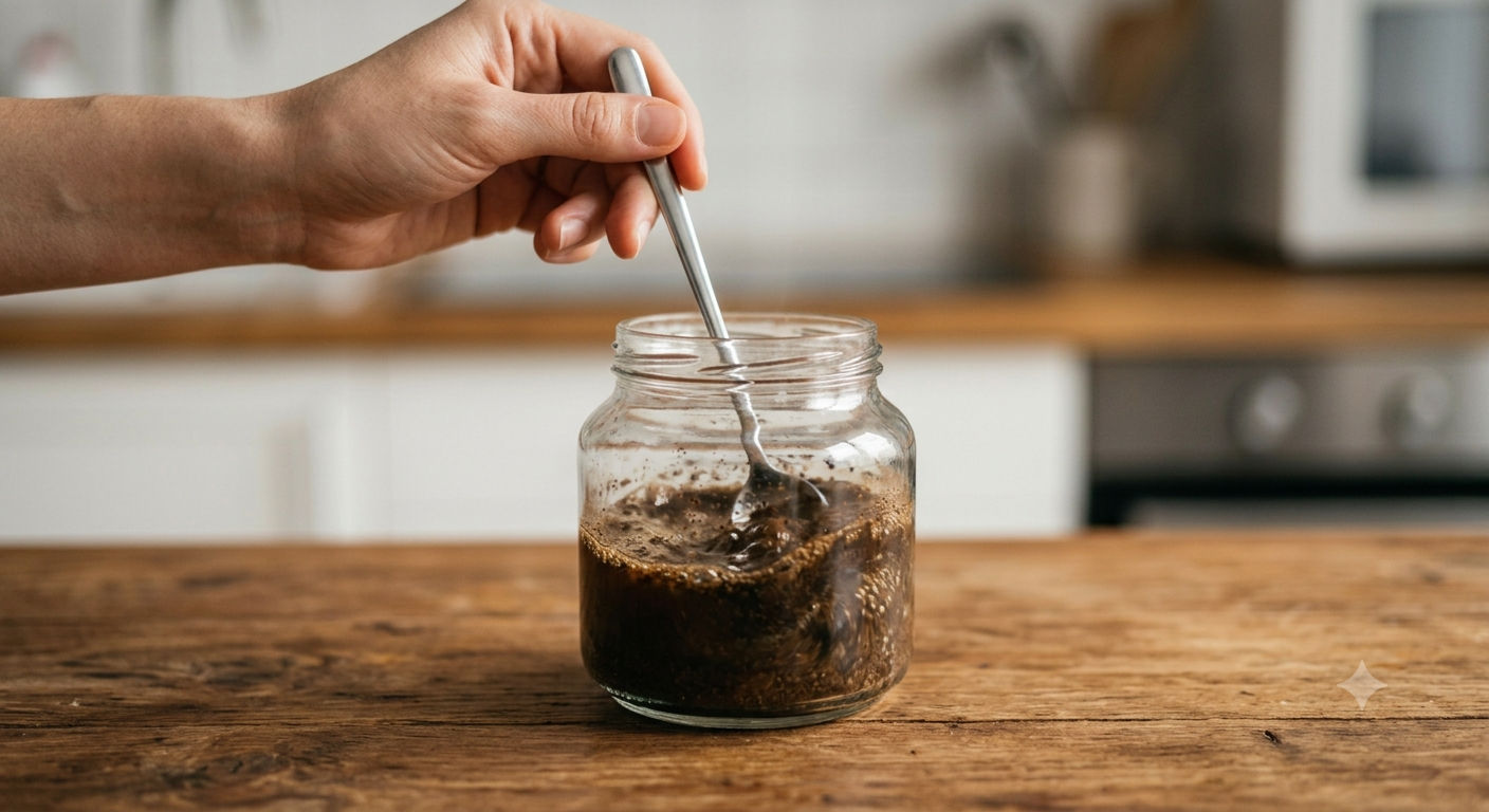 ガラス瓶に入った水とコーヒー粉を、スプーンを使って底から優しくかき混ぜて撹拌している様子